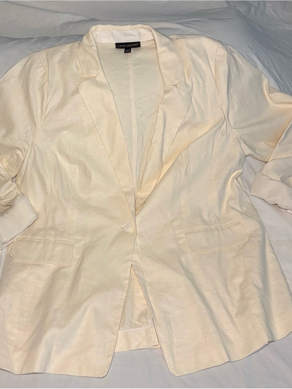 Lane Bryant Cream Single-Button Notch Lapel Linen Blend Blazer